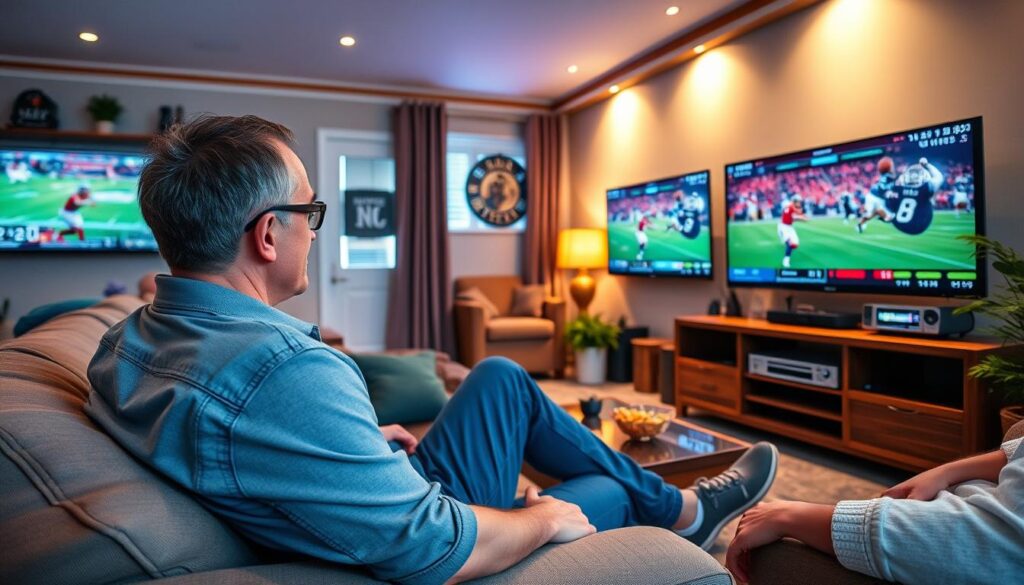 Generate an image of a sports fan enjoying live sports on their TV with multiple screens showing different games. Generate an image of a sports fan enjoying live sports on their TV with multiple screens showing different games.