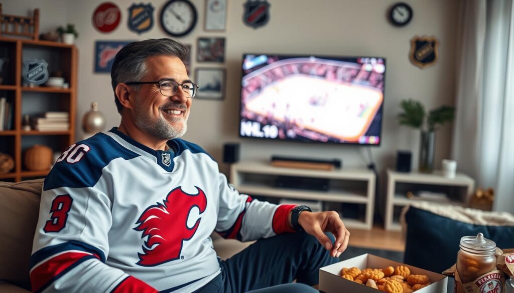 Generate an image of a sports fan watching a live NHL game on their TV with a satisfied expression. Generate an image of a sports fan watching a live NHL game on their TV with a satisfied expression.