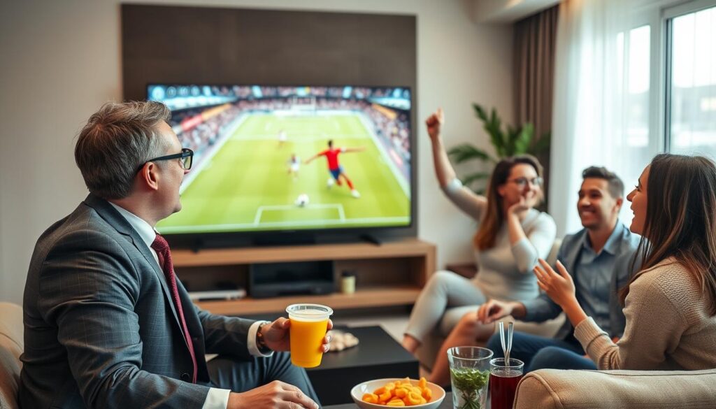 Generate an image of a sports fan watching a live Portuguese football match on IPTV. Generate an image of a sports fan watching a live Portuguese football match on IPTV.