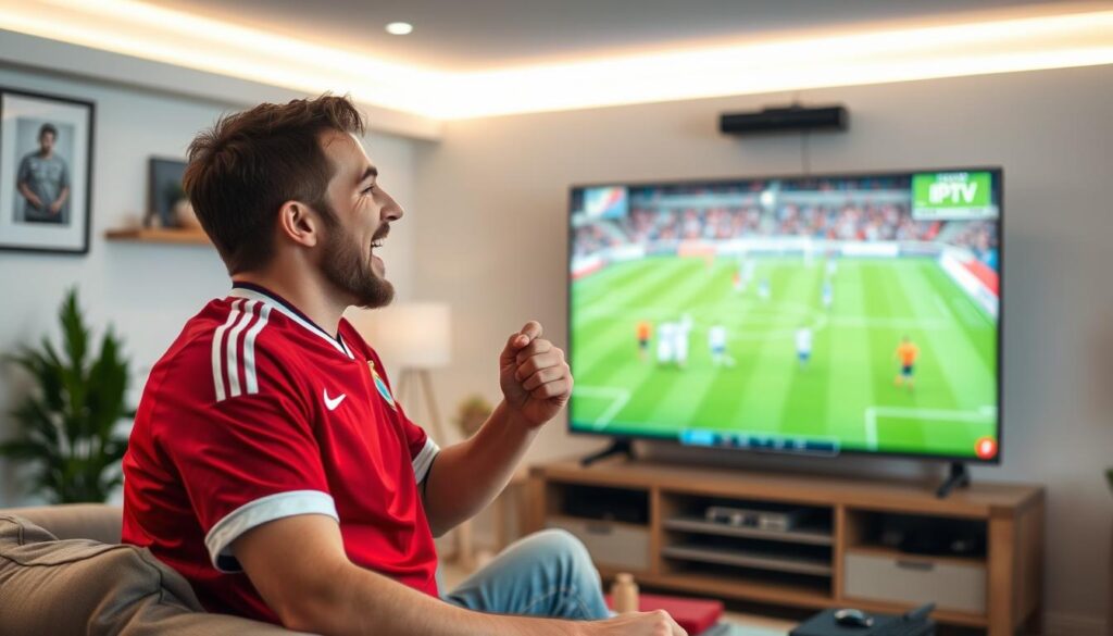 Generate an image of a sports fan watching a live match on IPTV Gear Generate an image of a sports fan watching a live match on IPTV Gear