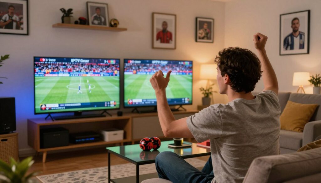 Generate an image of a sports fan watching a live match on IPTV Gear with multiple screens showing different sports channels. Generate an image of a sports fan watching a live match on IPTV Gear with multiple screens showing different sports channels.