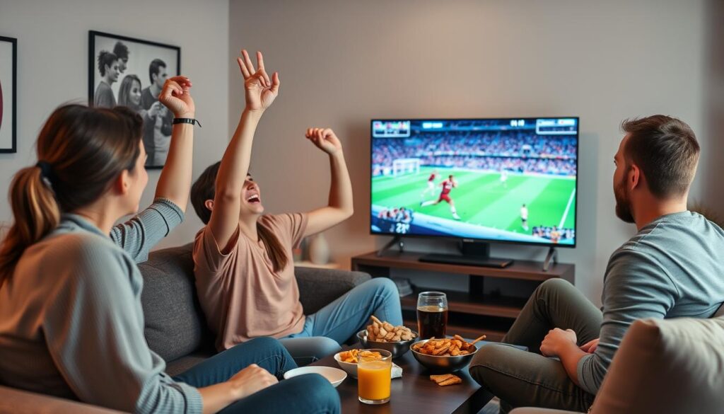 Generate an image of a sports fan watching a live match on TiVistation. Generate an image of a sports fan watching a live match on TiVistation.