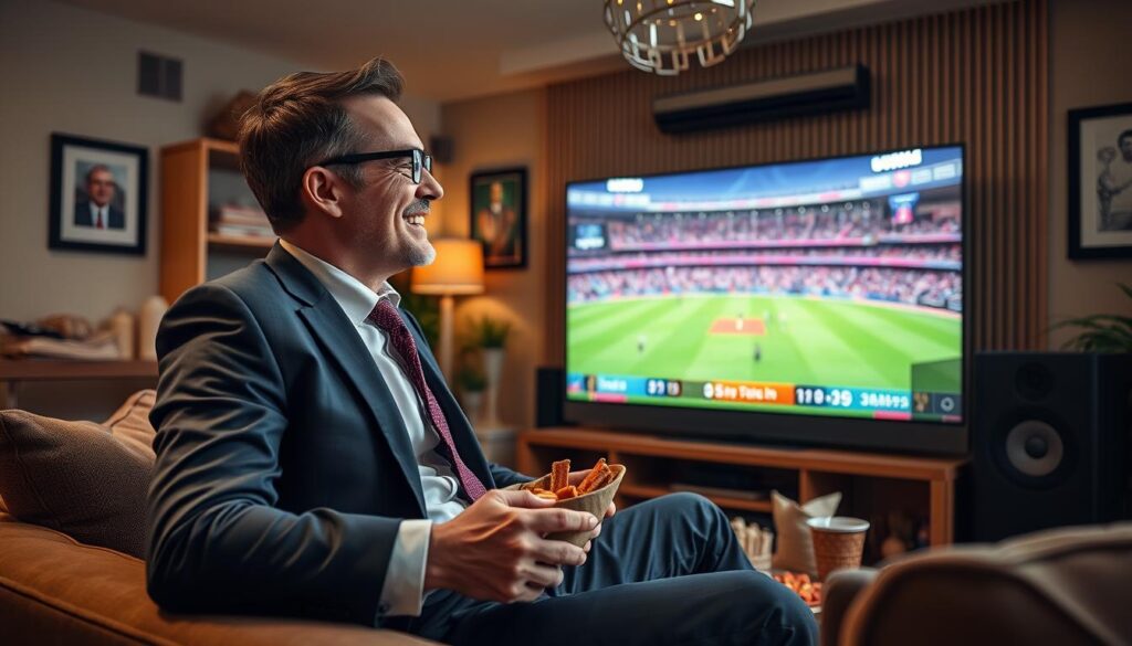 Generate an image of a sports fan watching international cricket on Falcon IPTV Generate an image of a sports fan watching international cricket on Falcon IPTV