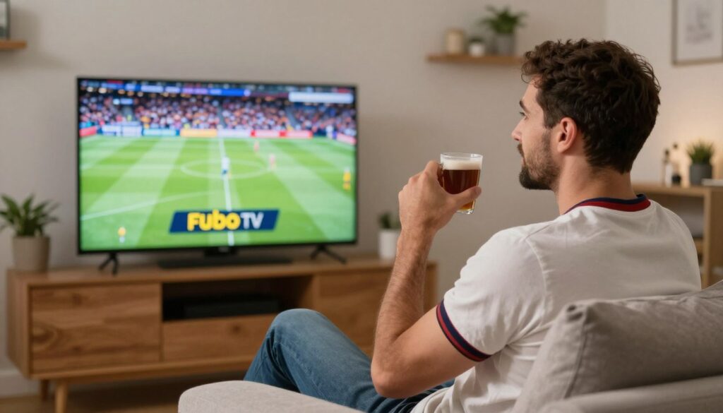 Generate an image of a sports fan watching live sports on Fubo TV Generate an image of a sports fan watching live sports on Fubo TV