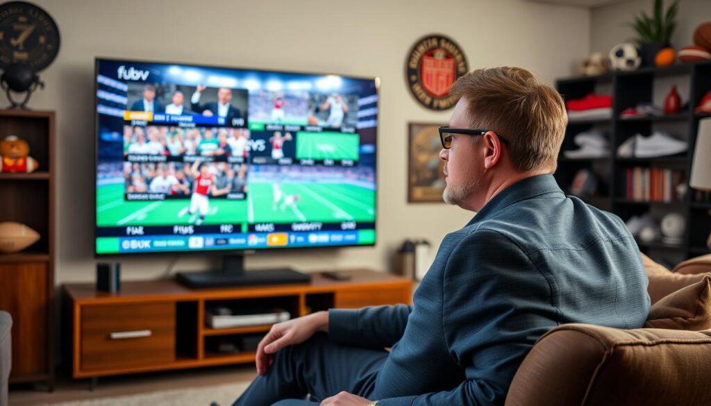Generate an image of a sports fan watching multiple sports games simultaneously on a large screen TV with fuboTV interface. Generate an image of a sports fan watching multiple sports games simultaneously on a large screen TV with fuboTV interface.