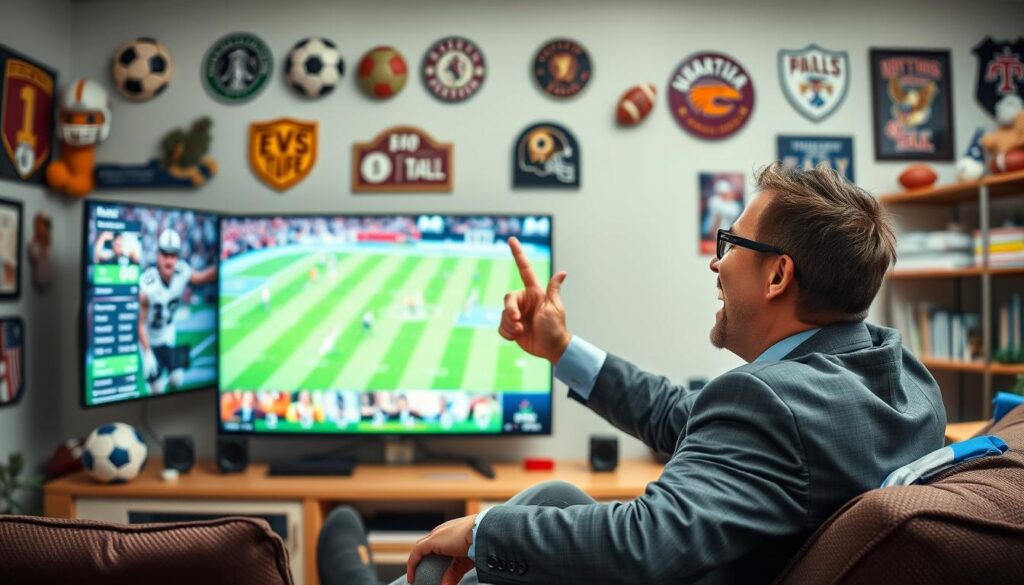 Generate an image of a sports fan watching their favorite team on IPTVtune with a wide range of sports channels. Generate an image of a sports fan watching their favorite team on IPTVtune with a wide range of sports channels.