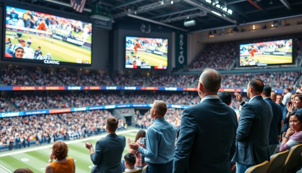 Generate an image of a sports stadium with various sports channels displayed on screens. Generate an image of a sports stadium with various sports channels displayed on screens.