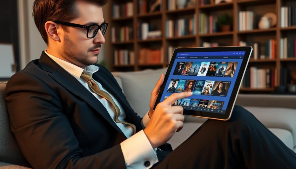 Generate an image of a user browsing through Bunnystream's movie library on their tablet. Generate an image of a user browsing through Bunnystream's movie library on their tablet.