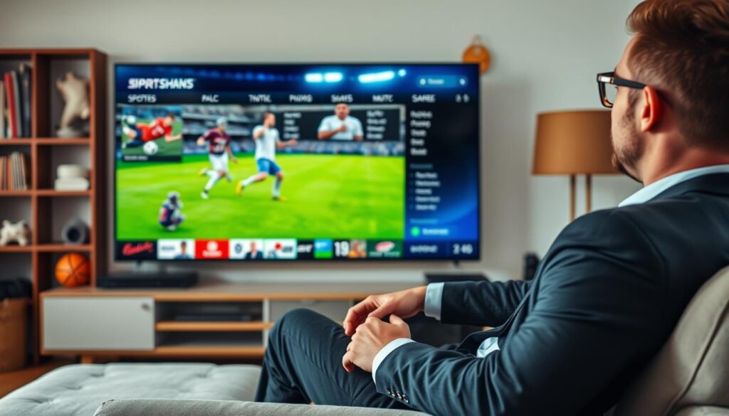 Generate an image of a user enjoying various sports channels on Sonix IPTV. Generate an image of a user enjoying various sports channels on Sonix IPTV.