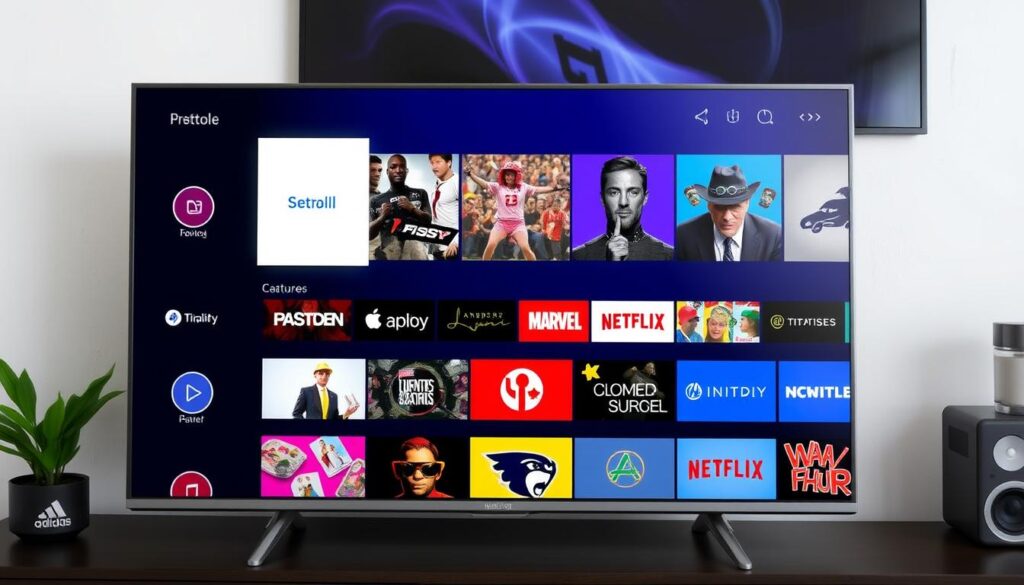 Generate an image of a user-friendly interface on a smart TV, showcasing TiVistation's features and channel options. Generate an image of a user-friendly interface on a smart TV, showcasing TiVistation's features and channel options.