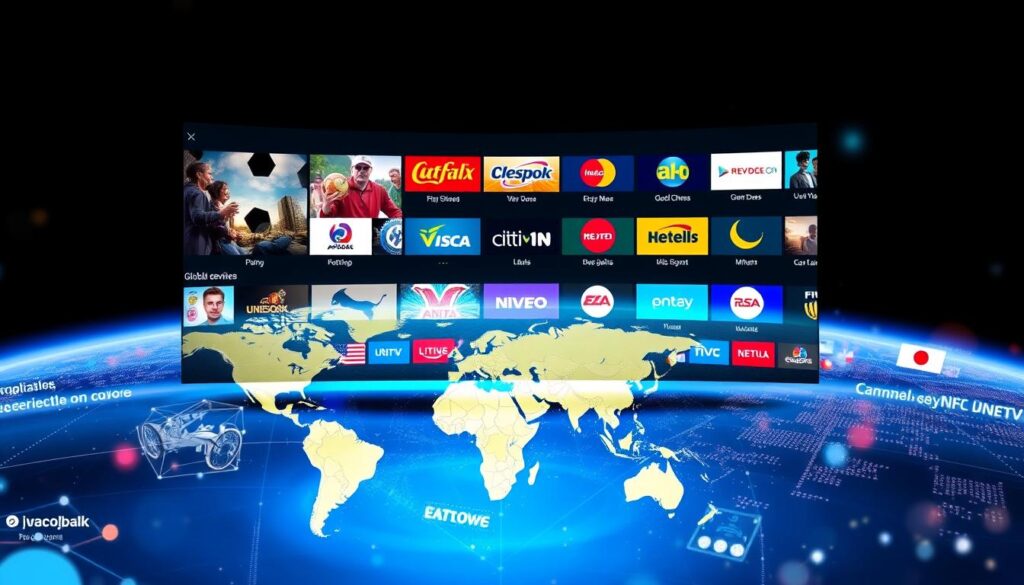 Generate an image of an IPTV service with extensive global channel coverage. Generate an image of an IPTV service with extensive global channel coverage.