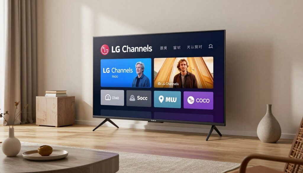 Generate an image of an LG Smart TV displaying LG Channels. Generate an image of an LG Smart TV displaying LG Channels.