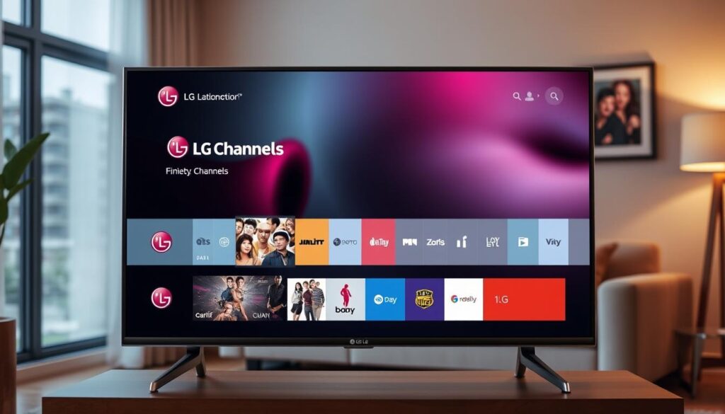 Generate an image of an LG smart TV displaying LG Channels. Generate an image of an LG smart TV displaying LG Channels.