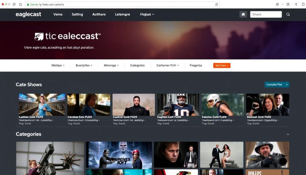 Generate an image of the EagleCast TV homepage showcasing its main features. Generate an image of the EagleCast TV homepage showcasing its main features.