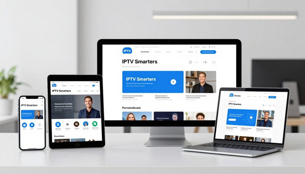 Generate an image of the IPTV Smarters app download page on various devices. Generate an image of the IPTV Smarters app download page on various devices.