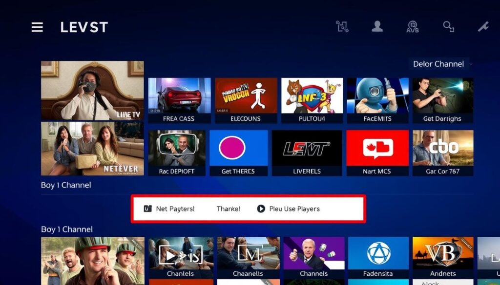 Generate an image of the Live Net TV app showing its channel lineup and external player options. Generate an image of the Live Net TV app showing its channel lineup and external player options.