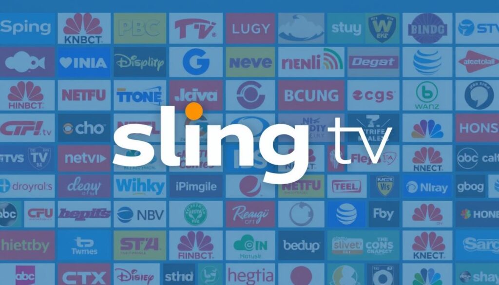 Generate an image of the Sling TV logo with a background of various channel logos. Generate an image of the Sling TV logo with a background of various channel logos.