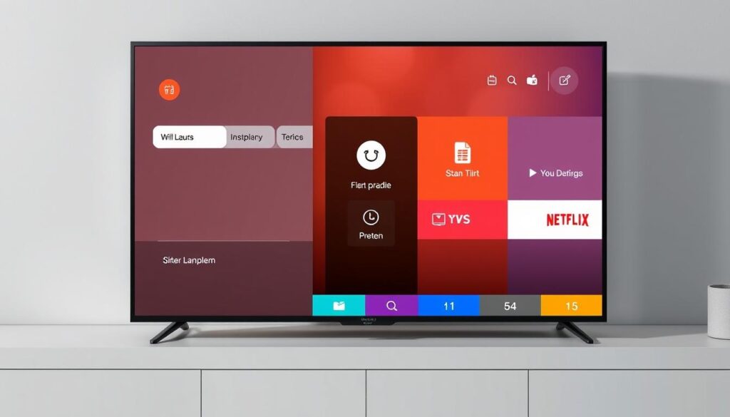 Generate an image of the Tellystudio IPTV user interface on a smart TV. Generate an image of the Tellystudio IPTV user interface on a smart TV.