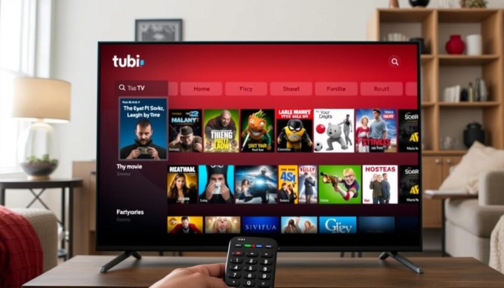 Generate an image of the Tubi TV interface on a streaming device. Generate an image of the Tubi TV interface on a streaming device.