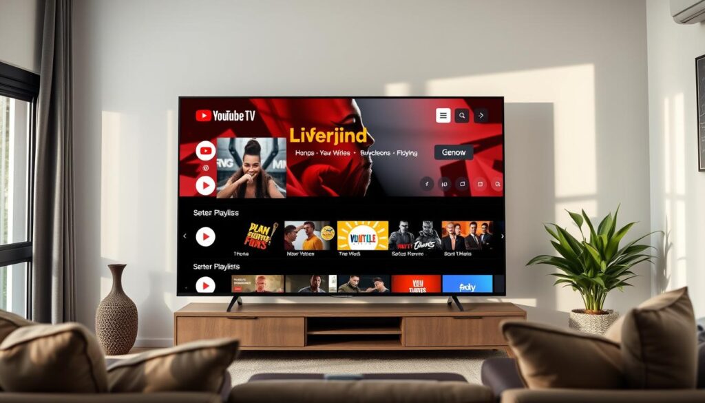 Generate an image of the YouTube TV homepage on a smart TV. Generate an image of the YouTube TV homepage on a smart TV.