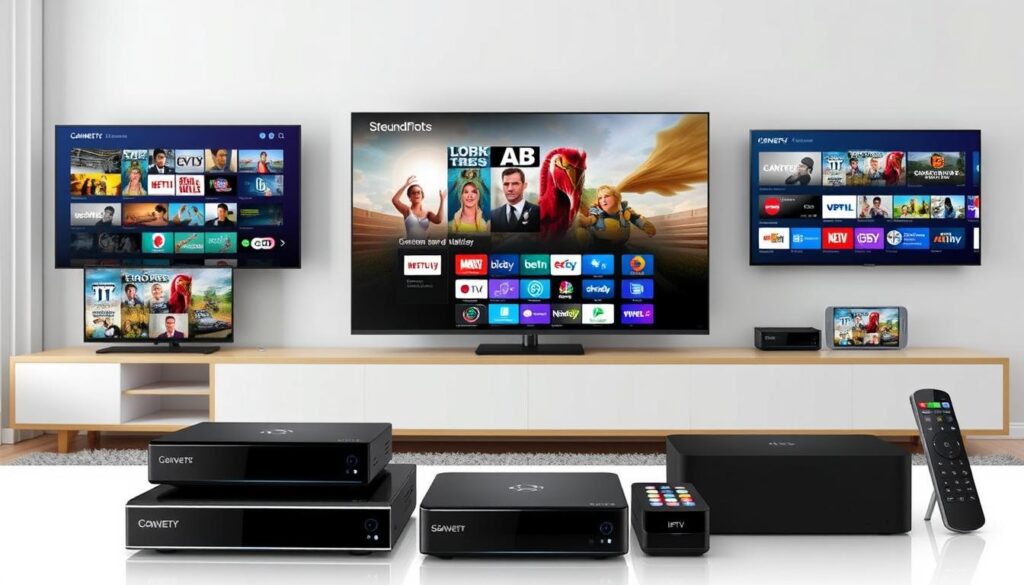 Generate an image of various IPTV devices and screens displaying different channels and content. Generate an image of various IPTV devices and screens displaying different channels and content.