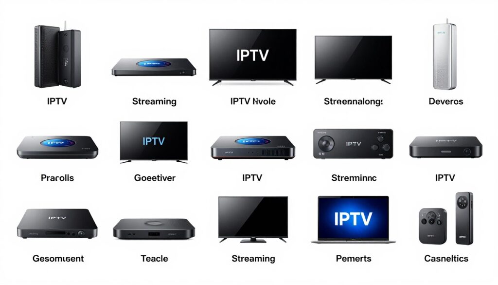 Generate an image of various IPTV devices side-by-side comparing different services Generate an image of various IPTV devices side-by-side comparing different services
