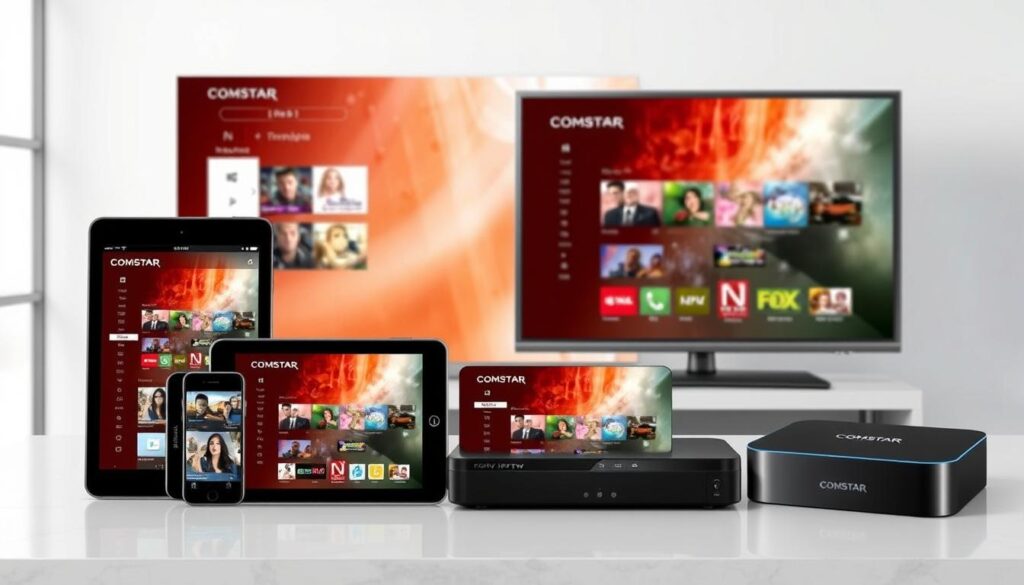 Generate an image of various devices like smartphones, tablets, smart TVs, and streaming devices showing Comstar IPTV interface. Generate an image of various devices like smartphones, tablets, smart TVs, and streaming devices showing Comstar IPTV interface.