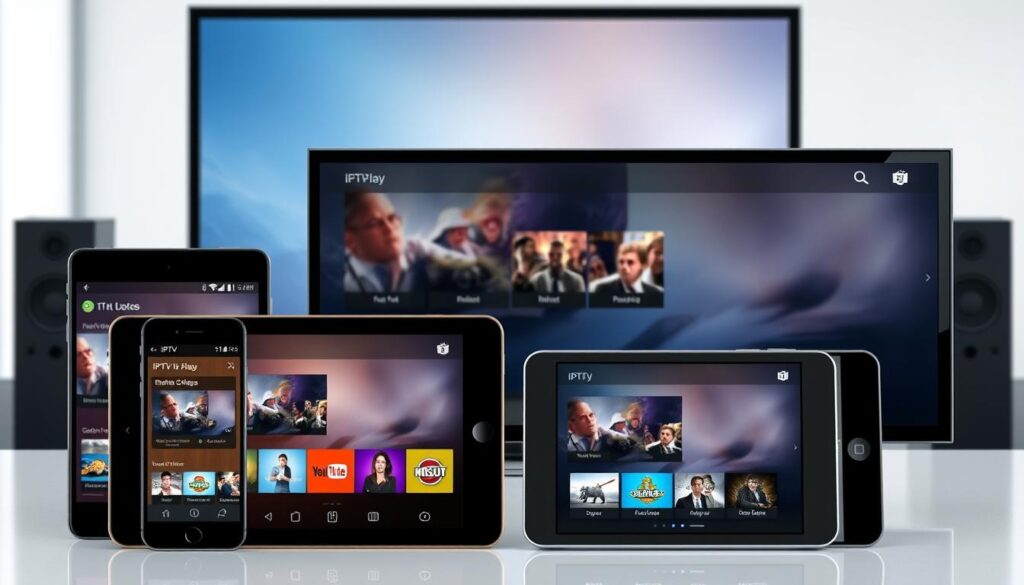 Generate an image of various devices showing different IPTV player apps Generate an image of various devices showing different IPTV player apps