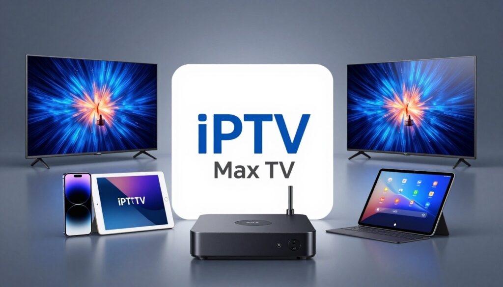 Generate an image of various devices (smart TVs, smartphones, tablets, streaming boxes) connected to a central IPTV Max TV logo. Generate an image of various devices (smart TVs, smartphones, tablets, streaming boxes) connected to a central IPTV Max TV logo.