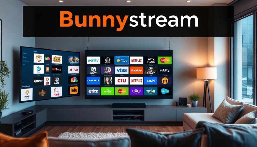 Generate an image representing Bunnystream's IPTV service, showcasing its extensive channel lineup and VOD offerings. Generate an image representing Bunnystream's IPTV service, showcasing its extensive channel lineup and VOD offerings.