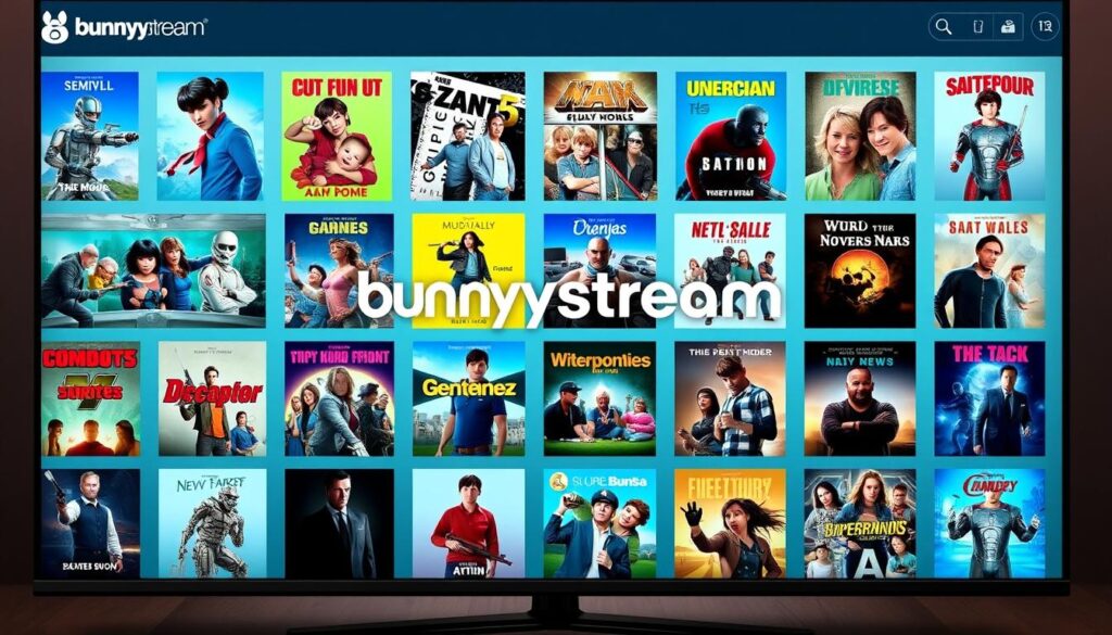 Generate an image representing Bunnystream's IPTV service with a diverse collection of movies and series. Generate an image representing Bunnystream's IPTV service with a diverse collection of movies and series.
