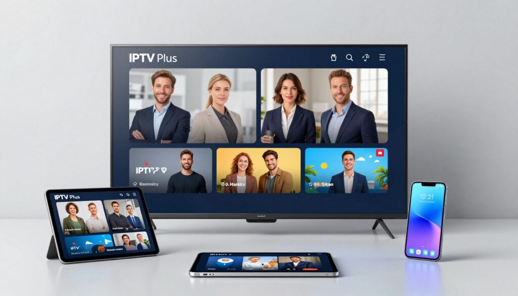 Generate an image representing IPTV Plus service with various devices. Generate an image representing IPTV Plus service with various devices.