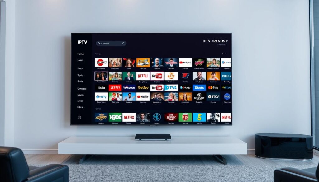 Generate an image representing IPTV Trends' extensive channel lineup on a TV screen. Generate an image representing IPTV Trends' extensive channel lineup on a TV screen.