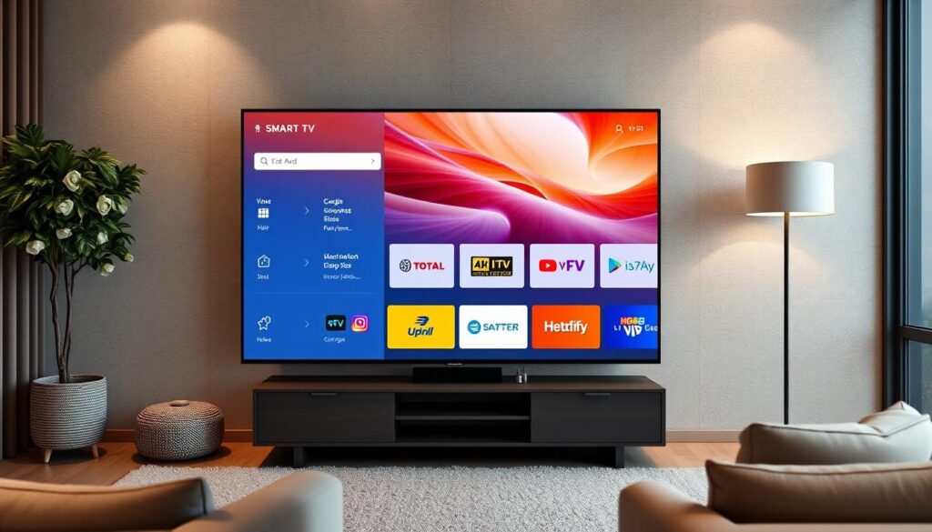 Generate an image representing IPTV Trends' interface on a Smart TV. Generate an image representing IPTV Trends' interface on a Smart TV.