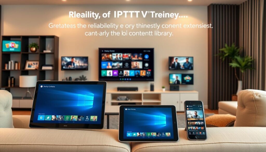 Generate an image representing IPTV Trends' reliability and vast content library, with a backdrop of various devices streaming content. Generate an image representing IPTV Trends' reliability and vast content library, with a backdrop of various devices streaming content.