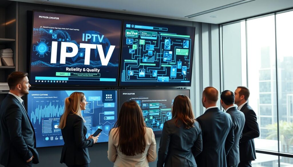 Generate an image representing IPTV Trends with a focus on reliability and quality. Generate an image representing IPTV Trends with a focus on reliability and quality.