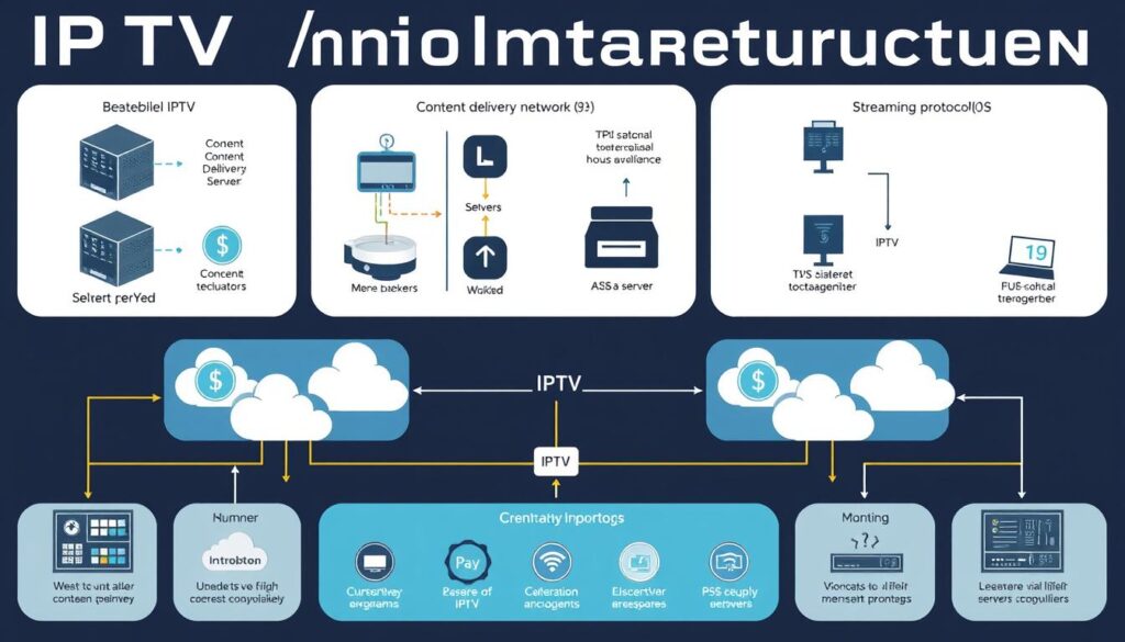 Generate an image representing IPTV technical infrastructure, including servers, content delivery networks, and streaming protocols. Generate an image representing IPTV technical infrastructure, including servers, content delivery networks, and streaming protocols.
