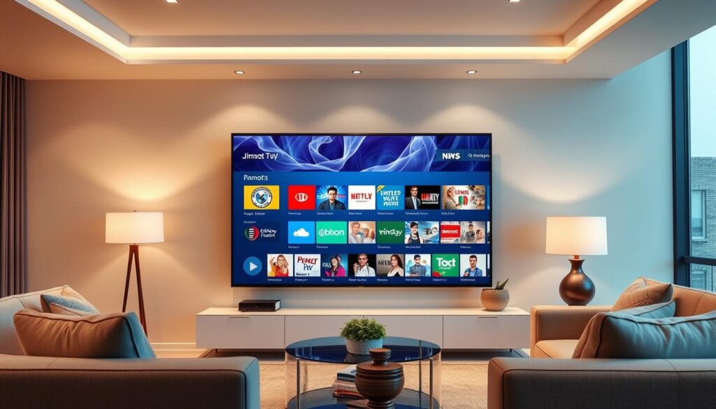 Generate an image representing JBNOTT IPTV service with a modern TV screen displaying various channels. Generate an image representing JBNOTT IPTV service with a modern TV screen displaying various channels.