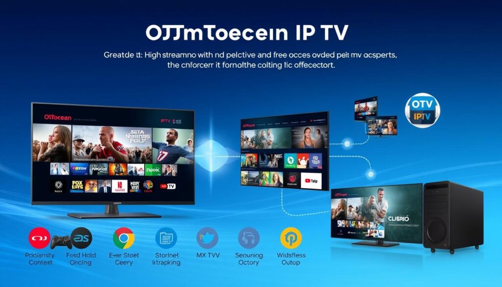 Generate an image representing OTTOcean's IPTV service, focusing on its streaming quality and available features. Generate an image representing OTTOcean's IPTV service, focusing on its streaming quality and available features.