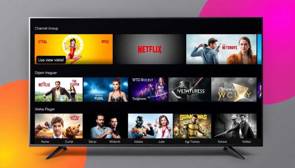 Generate an image representing TrendyScreen's IPTV service interface, showcasing its diverse channel lineup. Generate an image representing TrendyScreen's IPTV service interface, showcasing its diverse channel lineup.