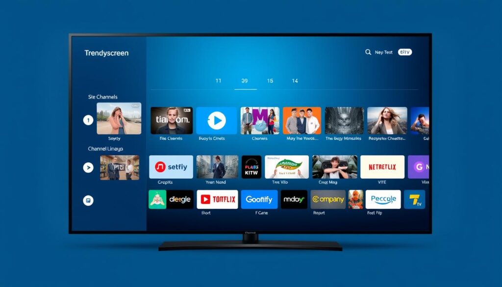 Generate an image representing Trendyscreen's IPTV service, showcasing its user interface and channel lineup. Generate an image representing Trendyscreen's IPTV service, showcasing its user interface and channel lineup.