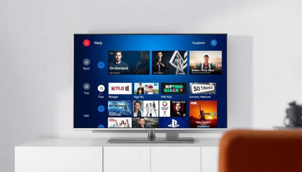 Generate an image representing Trendyscreen's IPTV service with a vast library of on-demand content. Generate an image representing Trendyscreen's IPTV service with a vast library of on-demand content.