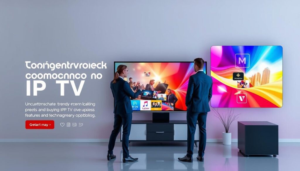 Generate an image representing Trendyscreen's trendy and modern approach to IPTV, highlighting its unique features. Generate an image representing Trendyscreen's trendy and modern approach to IPTV, highlighting its unique features.