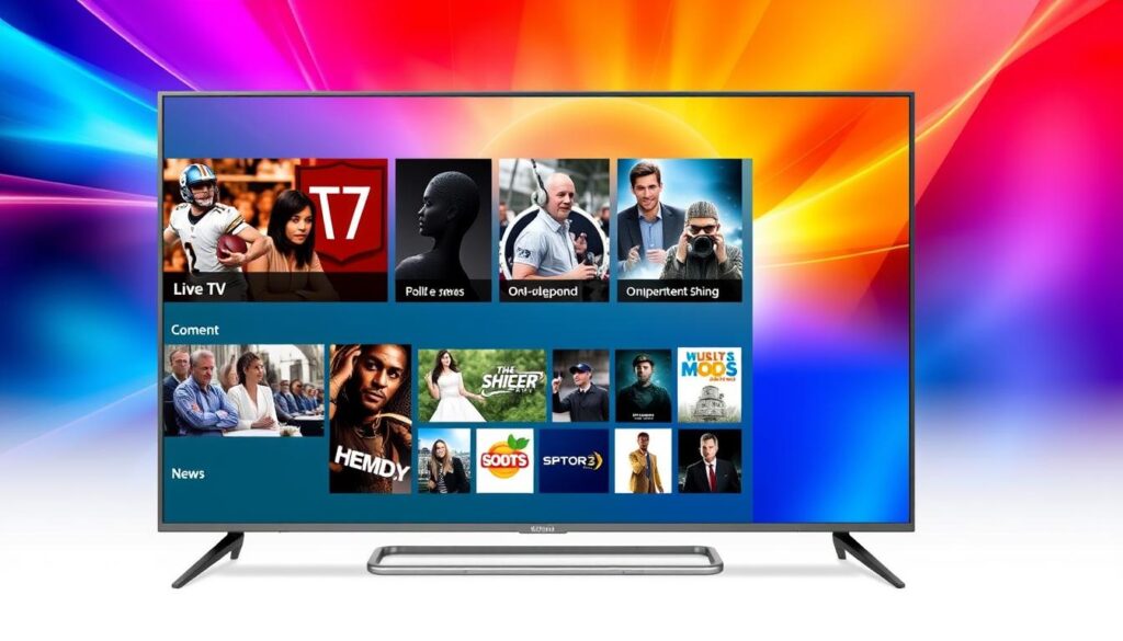 Generate an image representing Worthystream's IPTV service with a mix of live TV and on-demand content on screen. Generate an image representing Worthystream's IPTV service with a mix of live TV and on-demand content on screen.