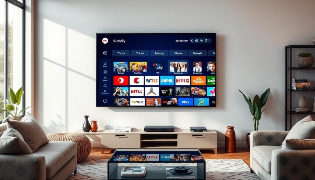 Generate an image representing XtreamView IPTV's extensive channel lineup on a 4K TV. Generate an image representing XtreamView IPTV's extensive channel lineup on a 4K TV.