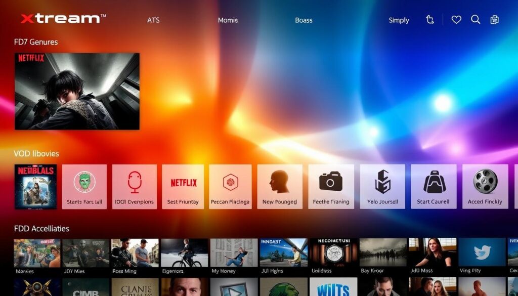 Generate an image representing XtreamView IPTV's vast VOD library Generate an image representing XtreamView IPTV's vast VOD library