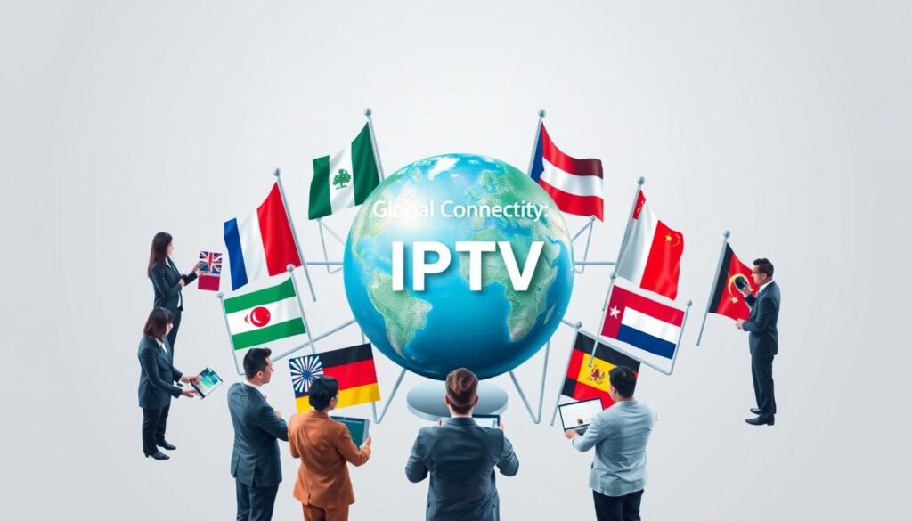 Generate an image representing global connectivity through IPTV, with various international flags. Generate an image representing global connectivity through IPTV, with various international flags.