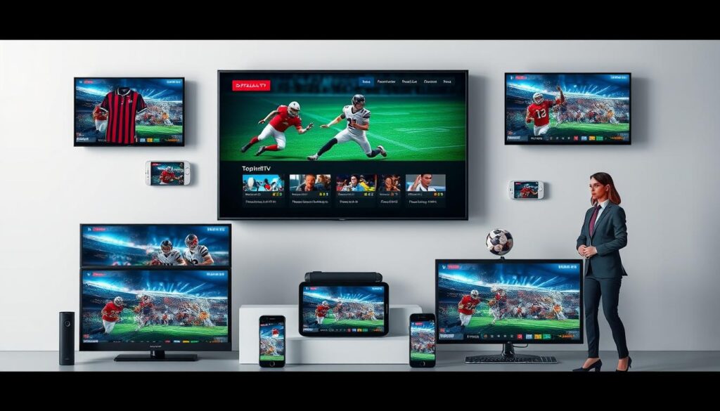 Generate an image representing the concept of specialized IPTV services for sports and entertainment. Generate an image representing the concept of specialized IPTV services for sports and entertainment.
