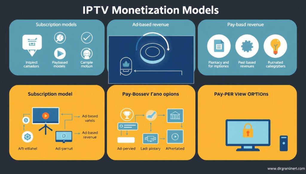 Generate an image representing various IPTV monetization models Generate an image representing various IPTV monetization models