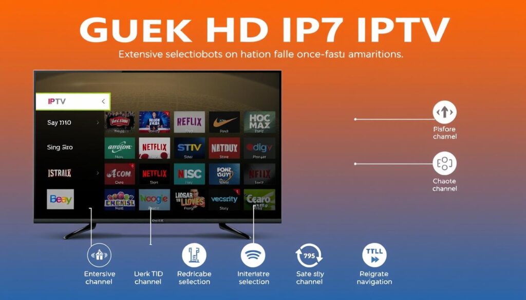 Generate an image showing Guek HD IPTV's user interface, highlighting its extensive channel selection and user-friendly navigation. Generate an image showing Guek HD IPTV's user interface, highlighting its extensive channel selection and user-friendly navigation.